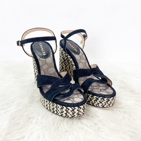 Coach 9.5 Women Black Suede Ankle Strap Block Heel Raffia Platform Talina Sandal - Picture 2 of 13